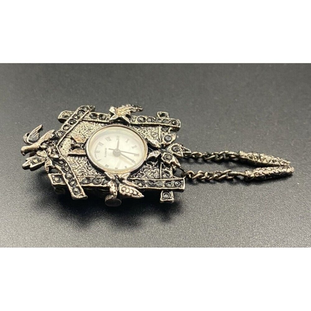 Vintage Watch Brooch/Pendant Lind Silver Tone Marcasite Cuckoo Clock Quartz 2.5" - Picture 2 of 7